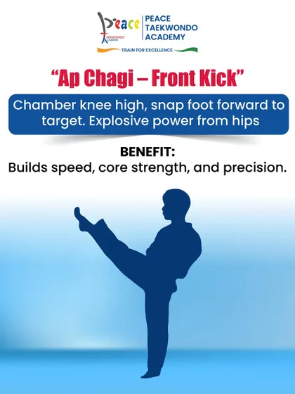 The Ap Chagi, or Front Kick, is one of the first kicks you will learn. It is a linear strike that builds speed and core strength, perfect for creating distance and scoring points.