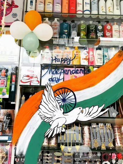A custom hand-painted piece for Independence Day, featuring the Indian flag and a dove of peace. This was part of the overall decoration for the gift shop.