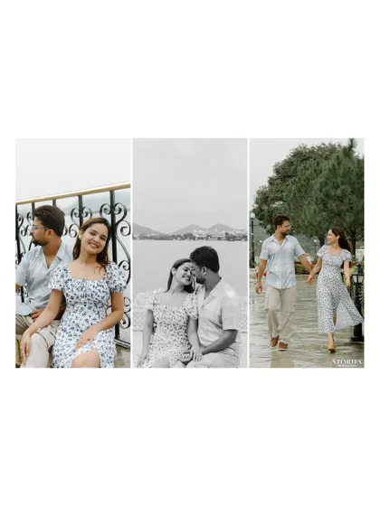 A collage of moments from a day in Udaipur, showing the couple walking through corridors and enjoying the lakeside views.