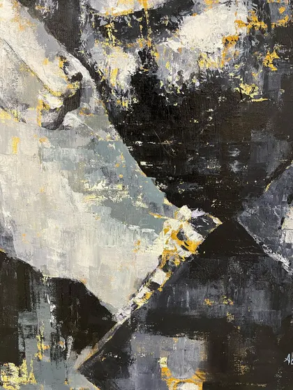 An abstract detail from my 'Plato's Discourse' painting. While part of a portrait, this section stands on its own as a powerful black, white, and gold abstract composition.