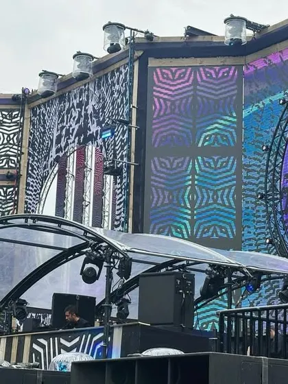 A side view of the Extrema Outdoor main stage, showing the massive structure and sound system. It was an honor to play here.