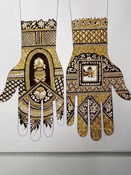 Here are two different bridal mehandi designs practiced on paper. One features a traditional kalash motif, while the other showcases a royal 'jharokha' or window design.