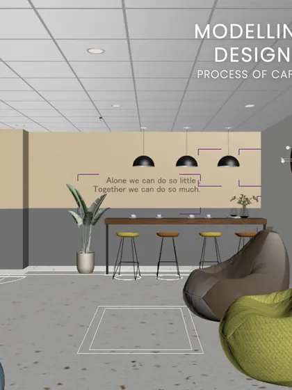The modeling and designing process for a cafeteria. We use 3D software to plan the layout, furniture, and flow of the space.