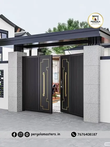 This gate features a blend of vertical slats and gold-colored inlay, creating a sophisticated and modern Asian-inspired design. It provides a secure and stylish entrance that complements the clean lines of the property wall.