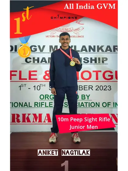 Aniket Nagtilak standing proud on the podium after winning the Gold Medal in the 10m Air Rifle Juniors category at the All India GV Mavlankar Championship.