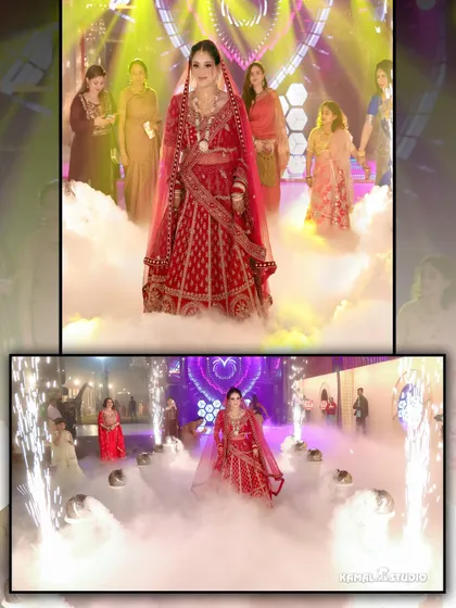 The bride's grand entry, walking on a cloud of smoke surrounded by pyrotechnics, a truly cinematic moment.
