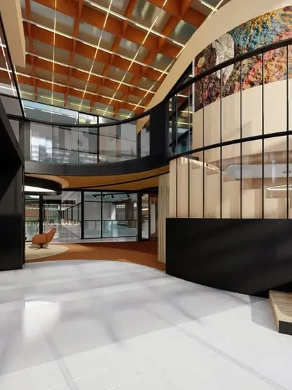 The entrance lobby of the business center concept, designed to be grand and welcoming.