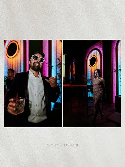 A diptych showing the groom having fun and a wider shot of the bride in the stylish bar.