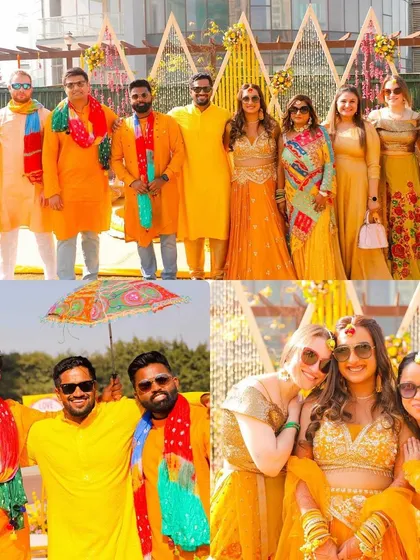 A collage celebrating friends and family at the Haldi ceremony. It captures the happy group photos and candid interactions that make the day special for everyone involved.