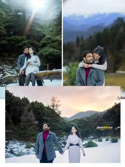 A three-photo collage from a winter pre-wedding shoot, showing a mix of intimate portraits and scenic shots in the snow.