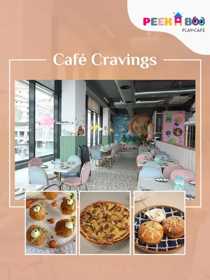 Cafe cravings satisfied. This collage shows our cafe ambiance along with popular dishes like pizza and garlic bread.