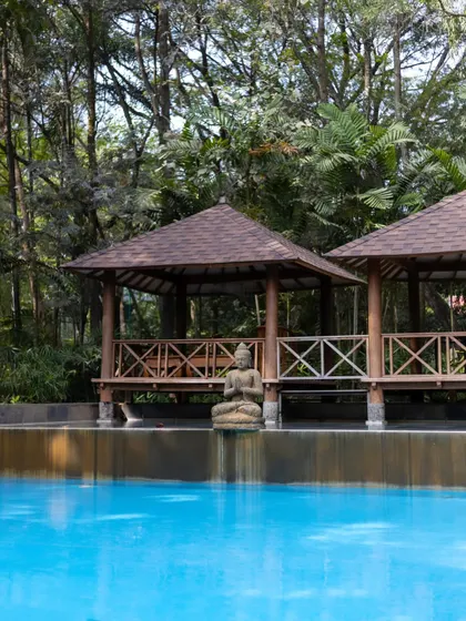 Our poolside gazebos offer a shady retreat where you can relax and enjoy the tranquil atmosphere, with the calming presence of a Buddha statue.
