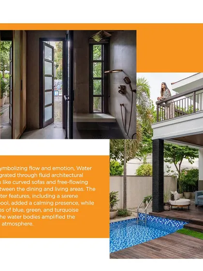 This excerpt from the Architect and Interiors India feature details how we integrated the element of 'Water' through fluid architectural forms, curved sofas, and a serene private pool.