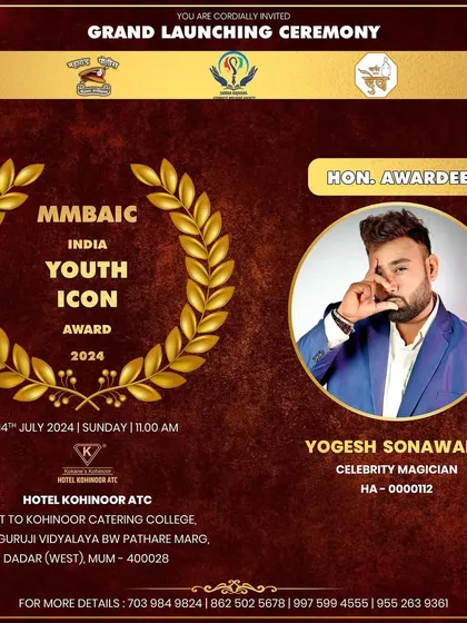 The official announcement poster for my India Youth Icon Award. Thank you to the MMBAIC for appreciating my efforts as a magician and social media influencer.