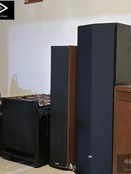 Another look at the client's new setup, showing the Polk speakers and subwoofer ready for placement. I always work with the client to find the perfect position for each component to achieve the best possible sound in their room.