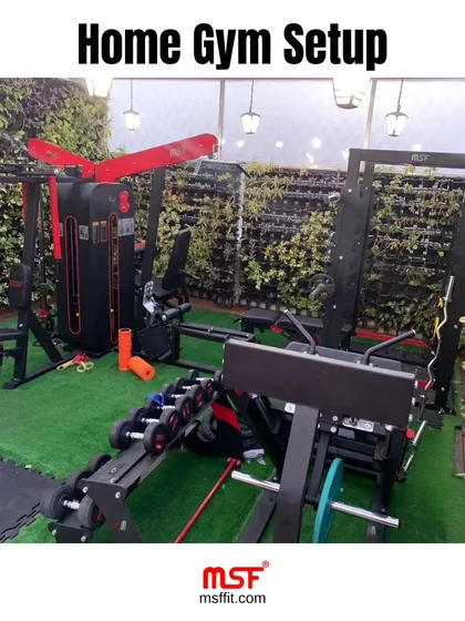 This home gym setup demonstrates how multiple pieces of our heavy-duty equipment can fit into a personalized, open-air workout space.