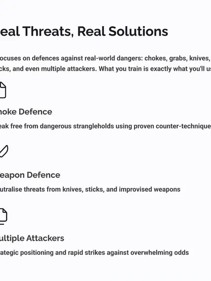 My training prepares you for real threats. We drill defenses against chokes, grabs, and attacks with weapons like knives and sticks. You also learn strategies for dealing with multiple attackers at once.