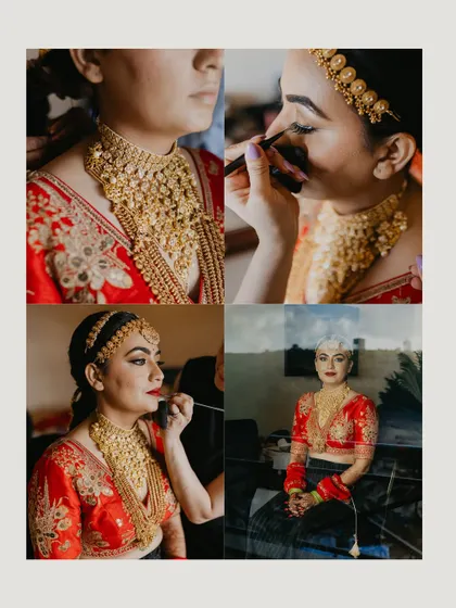 A collage showing the bride's getting-ready process. From makeup application to jewelry details, we document the transformation and anticipation before she walks down the aisle.