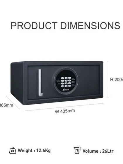 This image details the product dimensions of the Jade Black home safe, which has a 26-litre volume and weighs 12.6 kg.