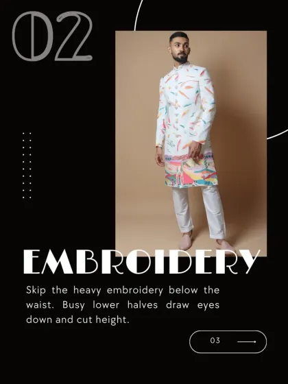 How to look taller, tip 2: Skip heavy embroidery below the waist. Busy lower halves can draw the eye down and cut height.