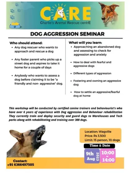 In partnership with Charlie's Animal Rescue Centre (CARE), we hosted this Dog Aggression Seminar. It was designed for rescuers, foster parents, and anyone wanting to learn how to safely approach and handle fearful or aggressive dogs.