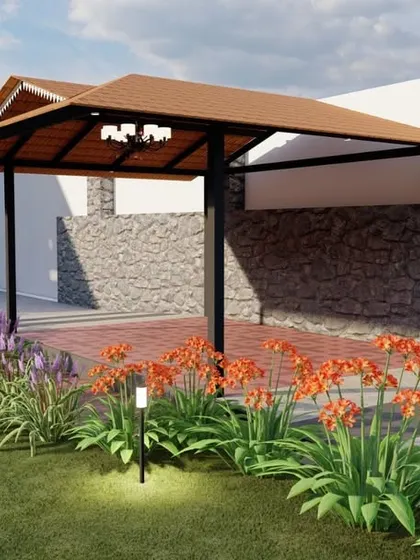 This 3D render showcases a gazebo set against a natural stone wall, surrounded by colorful perennial flowers, illustrating how we blend structures with natural elements.