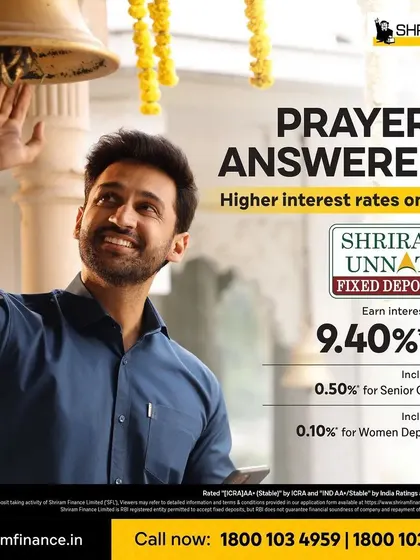 A campaign image for Shriram Unnati Fixed Deposits, showing a man in a temple. This photo is designed to evoke feelings of trust and tradition for a financial services client.