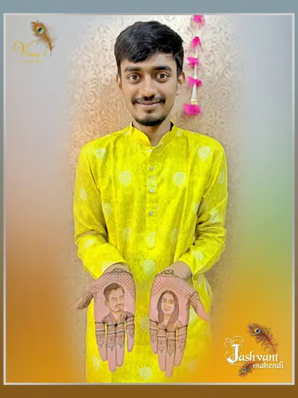 Photos of our happy grooms proudly showing off their personalized portrait mehndi.