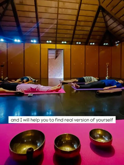 At The Tamara Coorg, guests experience a sound bath in a dedicated yoga hall. The text overlay, "and I will help you to find real version of yourself," is my promise to guide you inward.