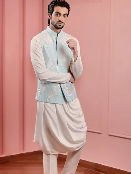 Another angle of the powder blue Nehru jacket, a piece that exemplifies contemporary classic style. It's a must-have for any man's ethnic wardrobe.