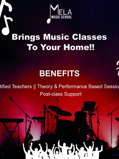 A promotional graphic showing the benefits of my music classes, including certified teachers, performance based sessions, and post class support.