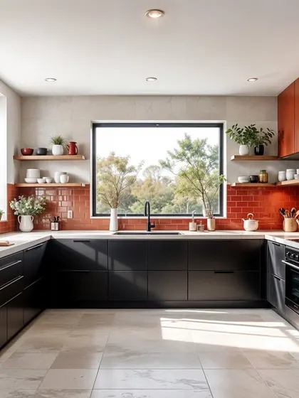 This kitchen render pairs bold red-orange tiles and upper cabinets with sleek black lower cabinets. The large windows flood the U-shaped layout with natural light.