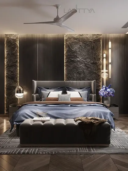 A beautifully appointed bedroom showcasing our signature style of quiet luxury. This space combines layered textures, a soothing color palette, and bespoke furniture to create a personal sanctuary for rest and relaxation.