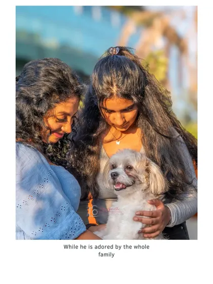 Milo being adored by his two human sisters. A sweet, gentle moment captured during their family photoshoot.