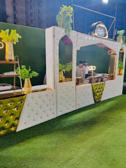Another view of the stylish white and gold dessert counter.
