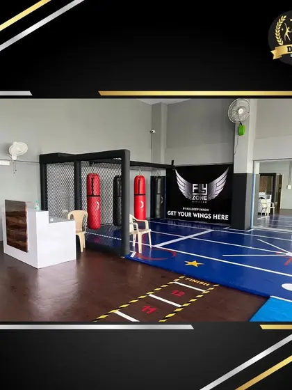 The reception and entrance area of the Fly Zone fitness center. The facility includes punching bags and a caged practice area for combat sports training.