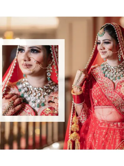 A creative collage showing the bride's portrait and a close-up of her beautiful jewelry.
