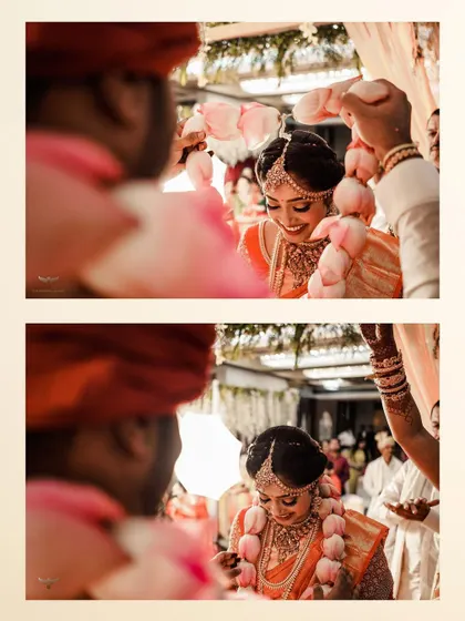 A diptych capturing the bride's expressions during a South Indian ceremony. Her shy smile as she receives the garland is a beautiful, candid moment.