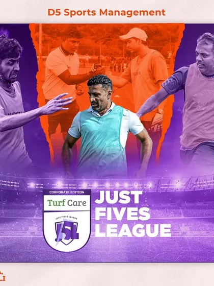 A promotional poster for the Just Fives League Corporate Edition, highlighting the event date and venue.