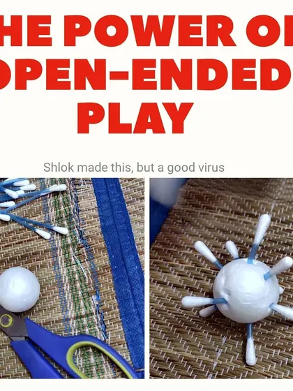 This is what I call open-ended play. My son, Shlok, created this "good virus" model using a ball and cotton buds, showing how children process the world around them through creative expression.