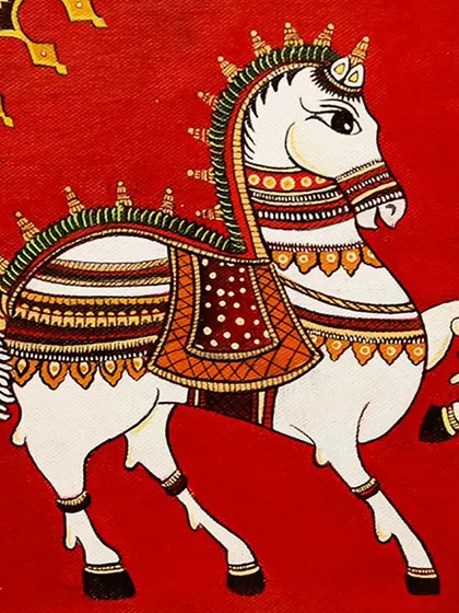 A vibrant painting of a decorated horse in a traditional Indian folk art style. We explore various regional styles, celebrating the color and pageantry of Indian culture.