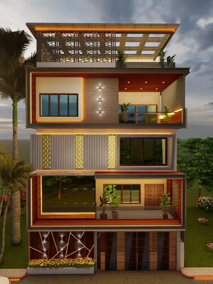 A variation of the previous design, replacing the vertical louvers with decorative jali screens for a more intricate look.