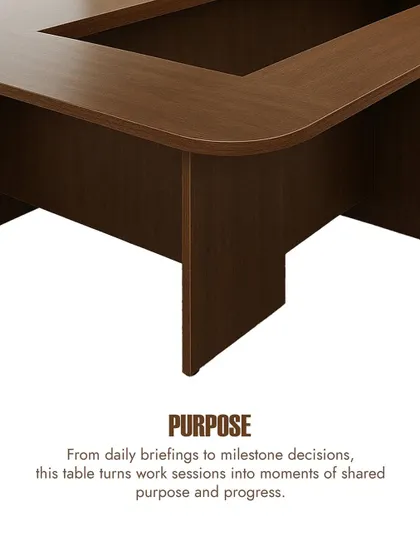 Our conference tables are built for a shared purpose. This shot highlights the sturdy leg panels and clean lines that turn daily briefings and milestone decisions into moments of progress.