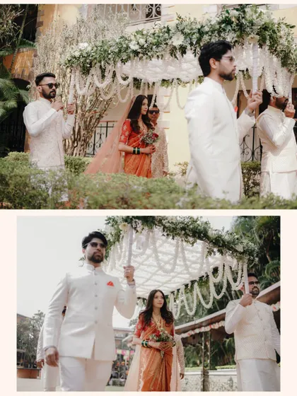 The bride's grand entrance, a collage showing her walking under a beautiful floral 'phoolon ki chadar'. Her simple yet elegant look is the center of attention.