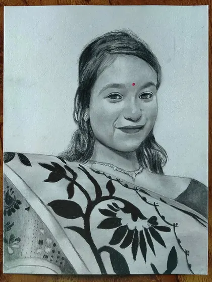 This portrait of a woman in a saree with a floral pattern shows my ability to render complex designs on clothing.