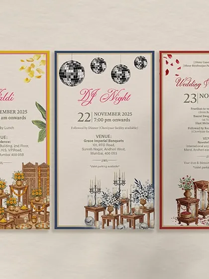 This set of five invitations is for those who love simplicity with a traditional touch. Each card for the Mehendi, Haldi, DJ Night, Wedding, and Reception has a unique color scheme but is tied together by a consistent, elegant design.