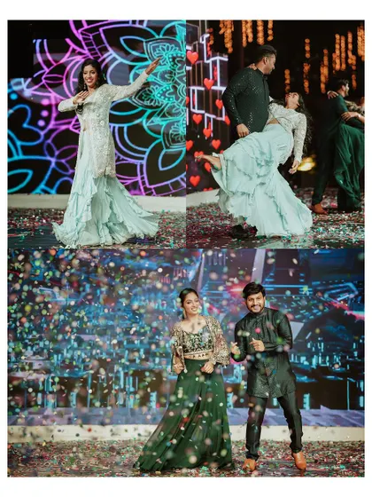 A collage of energetic dance moments from the Sangeet, including dips, twirls, and confetti showers.