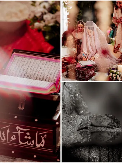 A moody and artistic collage from a Muslim wedding, showing the signing of the Nikahnama and details of the holy Quran.