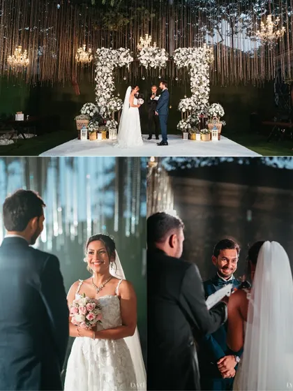 A collage capturing the beautiful ambiance of the outdoor vow ceremony. The wide shot shows the stunning decor, while the close-ups reveal the couple's intimate connection.