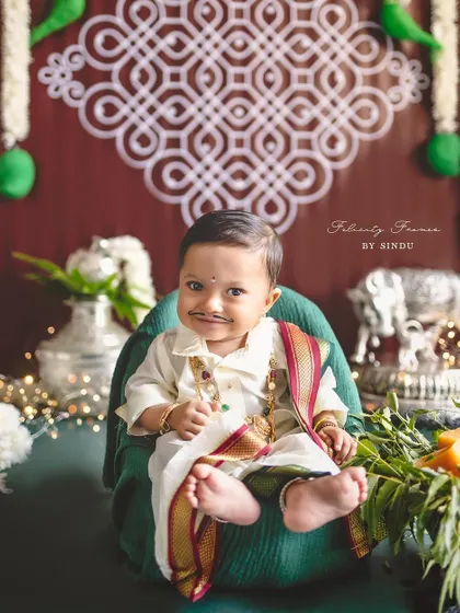 An adorable baby boy dressed in traditional attire for an Ugadi festival photoshoot. This shot showcases my themed milestone sessions, designed to celebrate special cultural moments.